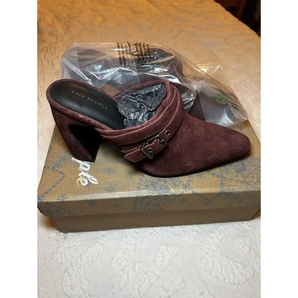 Free People Date Night Heeled Mules In‎ Port Wine Suede Size 6.5